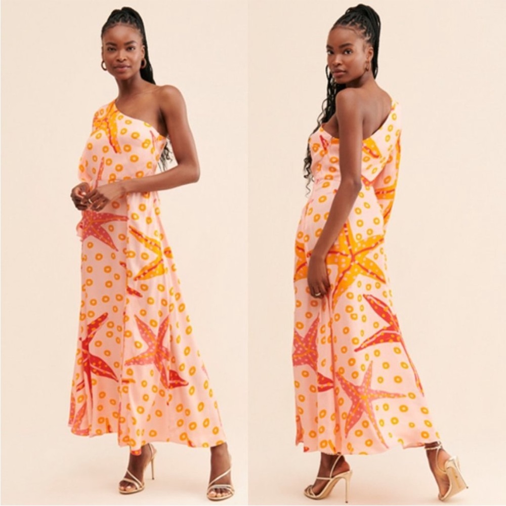 Farm Rio x Anthropologie One Shoulder Starfish Maxi Dress Side Slit Orange Small